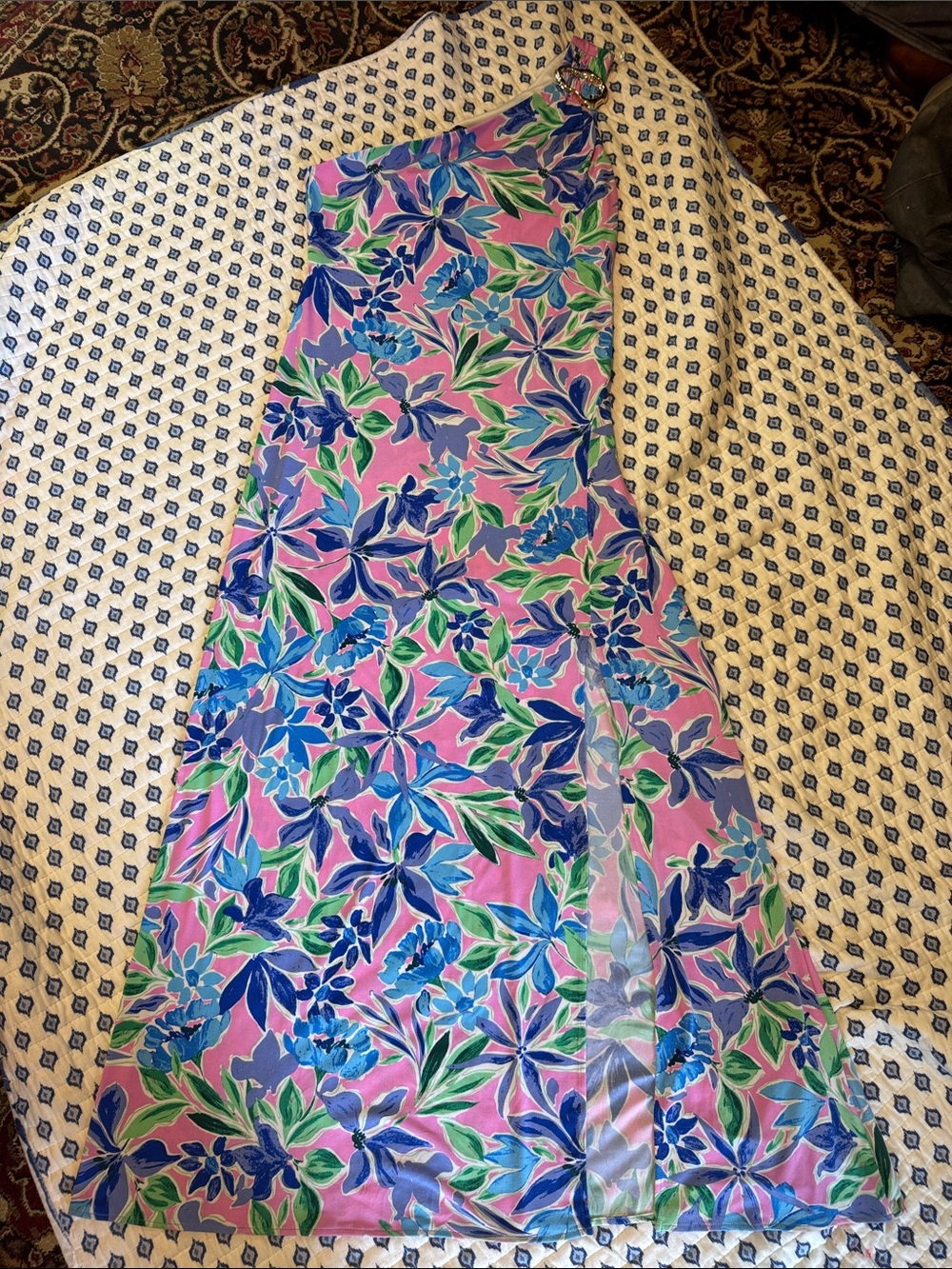 R&M one-Shoulder Floral Maxi Dress with Blue pink Green Print medium NWT slit